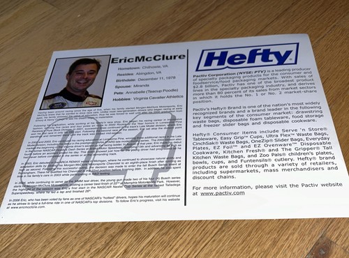ERIC McCLURE CHEVROLET HEFTY PICTURE -NASCAR Original Autograph Signed to XANDER - Picture 3 of 5