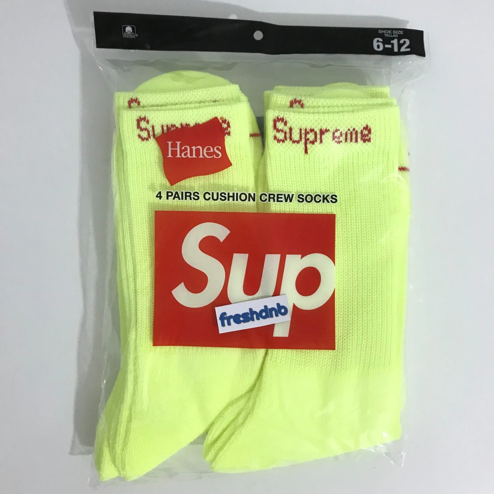 Chaussettes Supreme Hanes Crew jaune fluorescent (lot de 4)   Taille 6 12
