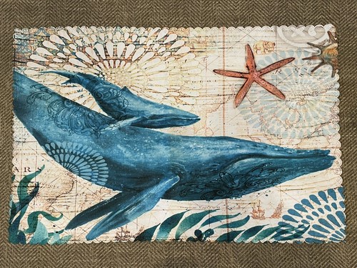 Beach Ocean Blue Whale & Baby Cream Sea Map Nautical Scalloped Set 6 Placemats - Picture 5 of 12