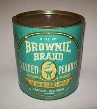 Old Antique Vtg Ca 1900s Large Brownie Brand Peanuts Counter Top Display Tin