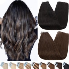 100 Remy Tape in Human Hair Extension Full Head Skin Weft Indian Hair Black 16"