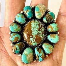 HUGE Navajo Cluster Ring Sz 7 Turquoise #8 Mine Sterling Signed Spencer Native