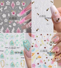 3D Daisy Bee Flower Embossed Lily Hibiscus Floral Nail Art Stickers Decor NH29
