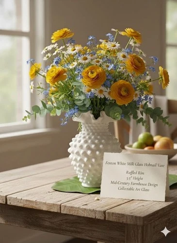 VTG Fenton White Milk Glass Hobnail Vase Ruffled Rim 5.5” Mid Century Farmhouse