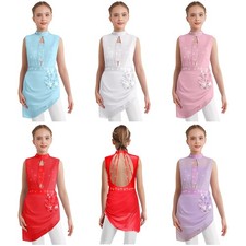 Girls Skirted Ballroom Dancewear Waltz One Piece Gymnastic Dress Tango Shiny
