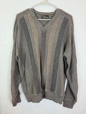 Tosani Sweater Mens Large Gray Beige Vertical Stripe Pullover Knit Canada 81031