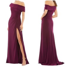 Mac Duggal NWT Foldover Ruched Jersey Off-The-Shoulder Slit Gown Size 12 Purple