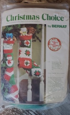 Vintage Bernat Crochet (or Knit) Christmas Stocking Kit, Granny Squares/Snowman!