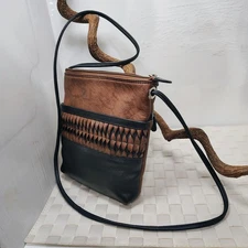 ILI New York Brown and Black Leather- Twisted Leather Accent - Narrow Crossbody