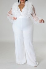 White Long Sleeve Wide Leg Jumpsuit Size Large Sheer Sleeve Belted