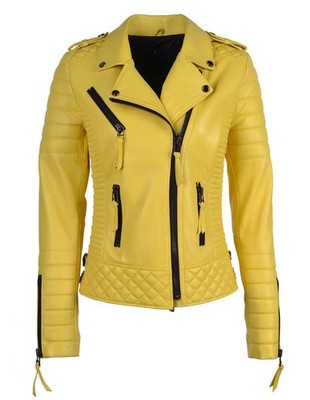 Women's Leather Jacket Biker Pure Sheepskin Custom Fit Yellow Leather Jacket