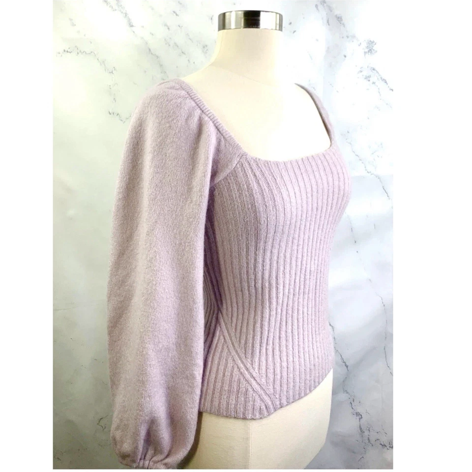 Blusa Suéter Acanalada Halógena Coqueta Manga Globo Mezcla Lana Lavanda Foto 2 de 4
