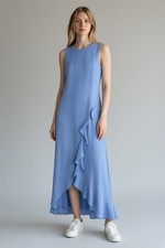 Vince Camuto Asymmetric Ruffle Faux Wrap Midi Dress Blue Sleeveless Size 4 NWT