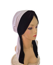 Pre Tied  Hat Chemo Cancer Beanie. Cotton White Soft Black Velvet on top.