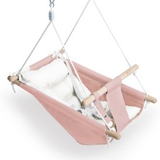 Baby Swing Wooden Hanging Seat Safety Belt Pink Canvas Infants Toddlers Indoor