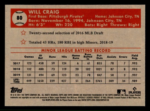 2021 Topps Chrome Platinum Anniversary Will Craig #80 Rookie Pittsburgh Pirates - Picture 2 of 2