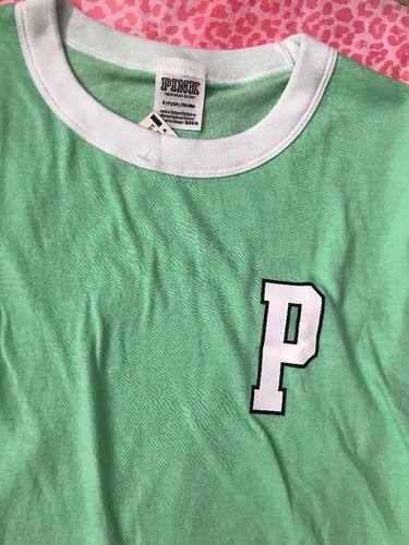 Victoria's Secret LOVE PINK Ringer Crew Top T-Shirt Graphic SZ S Mint green - Picture 2 of 4