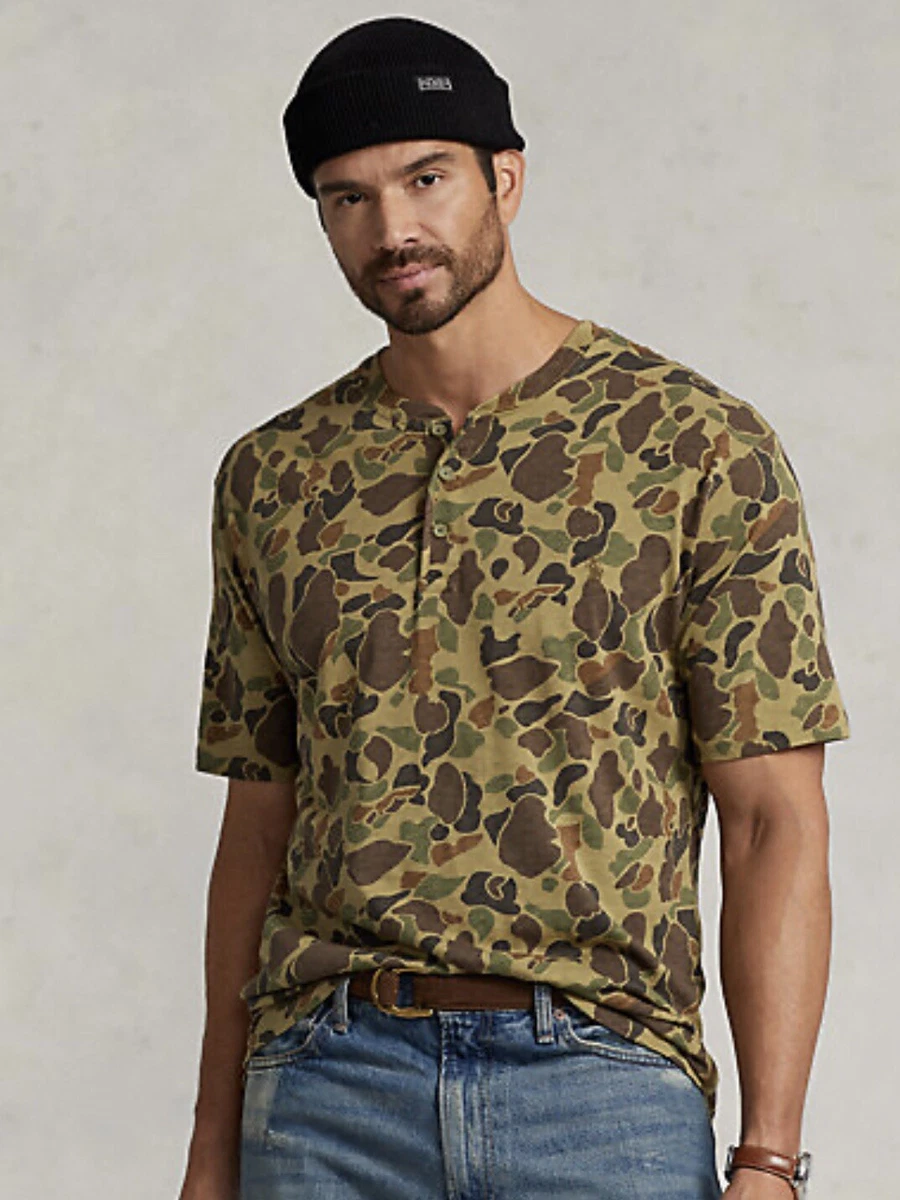 NWT POLO RALPH LAUREN Men s Green Camo Henley Neckline Cotton Jersey Shirt Med