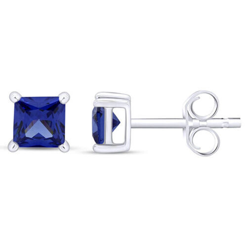 Princess Cut Simulated Sapphire Solitaire Stud Earrings in 925 Sterling Silver-image