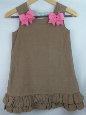 Lolly Wolly Girls Dress Size 6 Brown Corduroy Sleeveless Pink Bows Ruffles