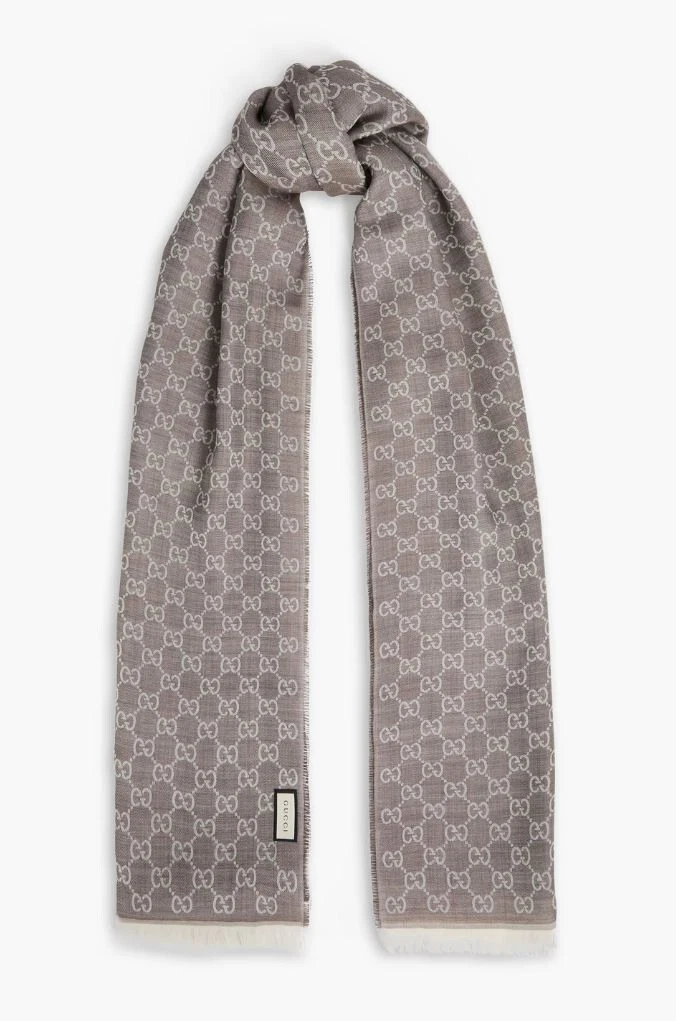 Foulard jacquard Gucci GG monogramme laine soie gris taupe neuf avec étiquette
