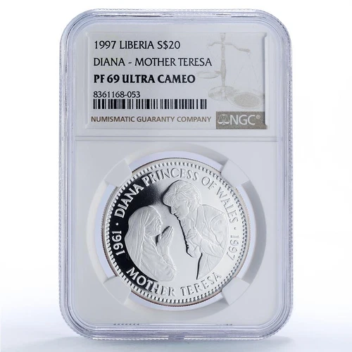 Liberia 20 dollars Princess Diana Teresa Politics PF69 NGC silver coin 1997
