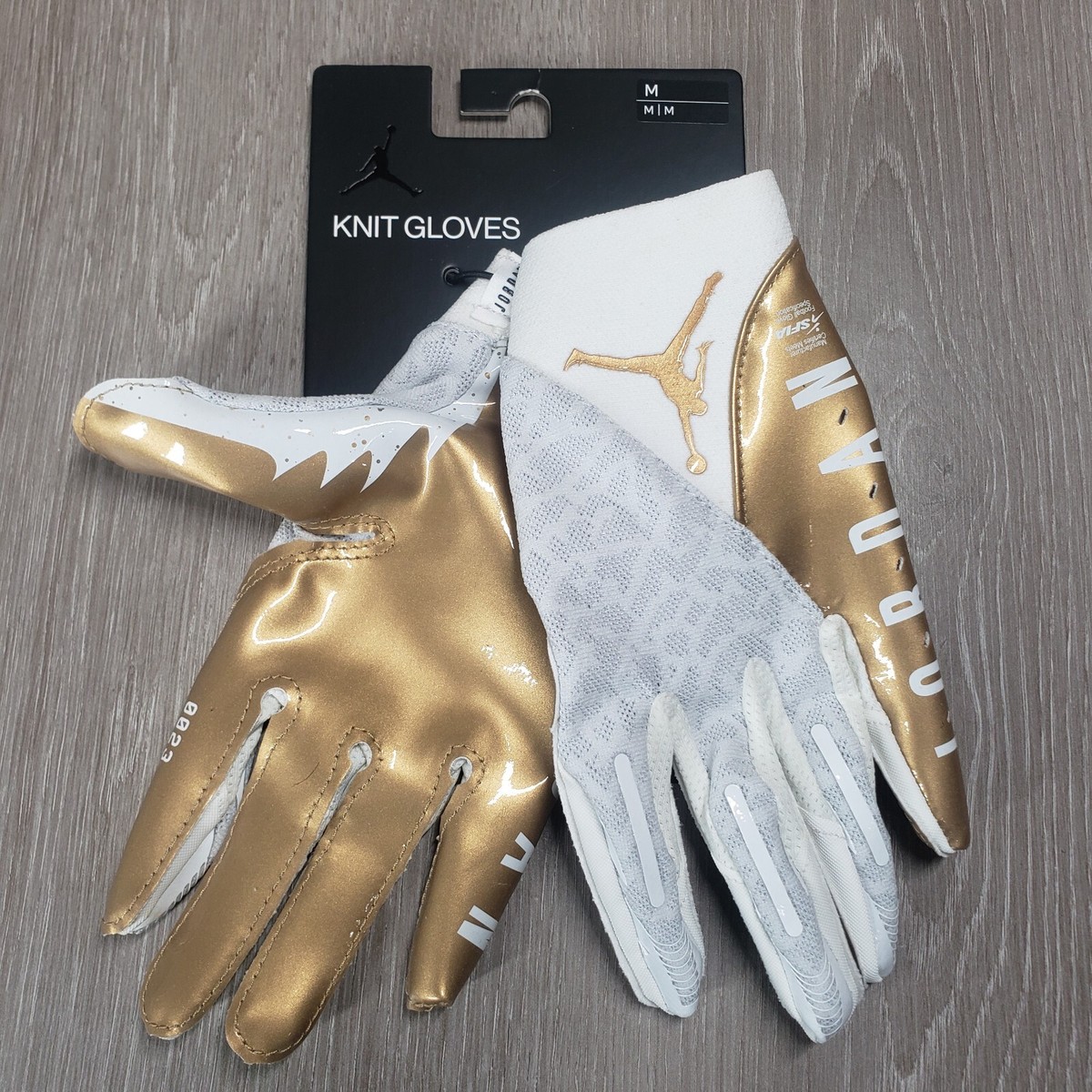 Nike Jordan Knit Reciever Football Gloves White/Gold Mens Size M