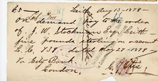 J W Stockman Bank Leith 1879 England revenue stamp Handwritten receipt Signed