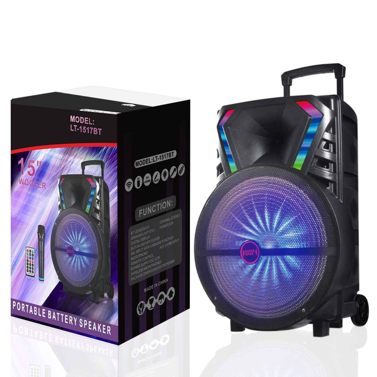 Reiko 15″ Speaker with Adapter charger and wireless mic, And remote (LT-1517BT)