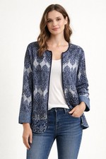 Coldwater Creek Linen Blend Blue Embroidered Zip Jacket Size 14 Coastal Grandma