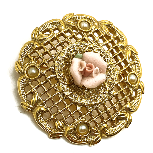1928 Co Brooch Porcelain Rose Victorian Revival Basketweave Pin Faux Pearl - Picture 2 of 3