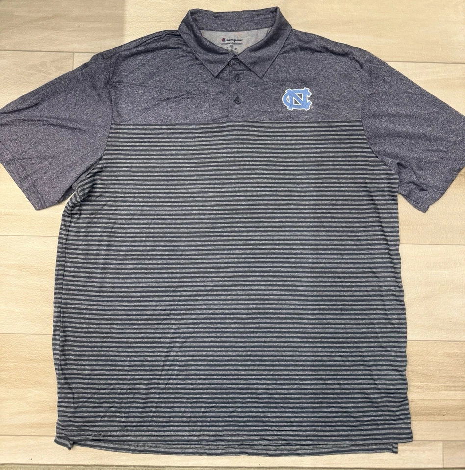 Camisa Polo Champion UNC Tacones Alquitranados 2XL Azul Rayas Cuello Dri-Fit Estilo Golf Foto 2 de 4