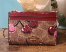 Coach Skinny Tan Signature Logo W Cherries ID Coin Case Keychain NWOT