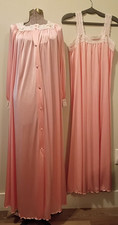 Vintage Shadowline Satin Peignoir Set Sz SM Romantic Pink Nightgown  Robe LACE