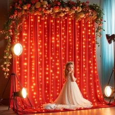 10X10Ft Red Backdrop Curtains with Lights String for Parties Wedding, Wrinkle Fr