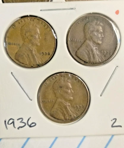 1936  P,D,S Lincoln Wheat Cents set of 3 coins.  Good / Fine condition