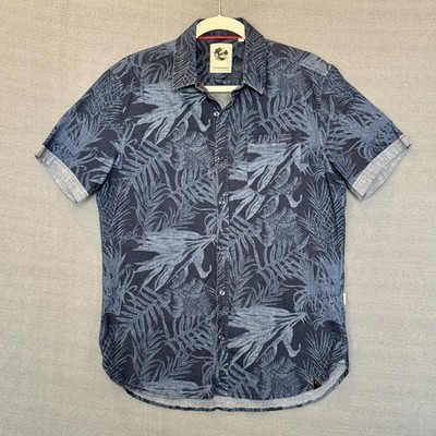 7Diamonds Mens Small Denim Floral Tropical Leaf Hawaiian Short Sleeve Button Up