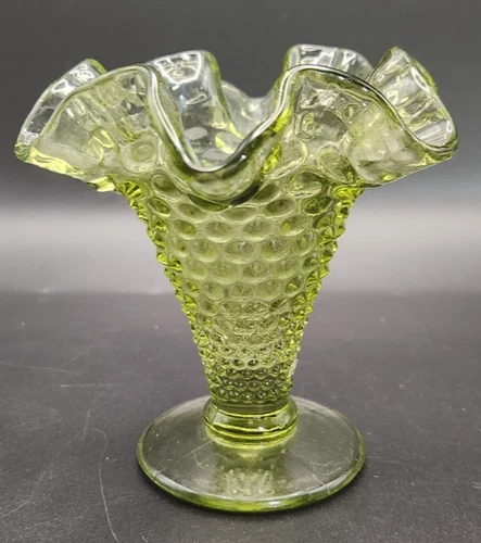 Fenton Hobnail Mini Trumpet Vase – Colonial Green – Vintage Pressed Glass