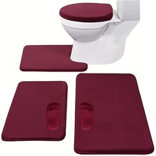 Memory Foam Bath Mat Set 4 Piece with Toilet Lid Cover and Combo Rug Burgundy