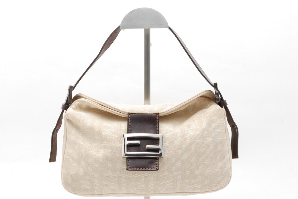 FENDI Zucca Mamma Baguette Shoulder Bag Ivory Canvas Leather