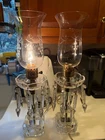 PAIR Vintage Crystal Prism Candelabra Buffet Table Lamps WITH GLOBES/DANGLES