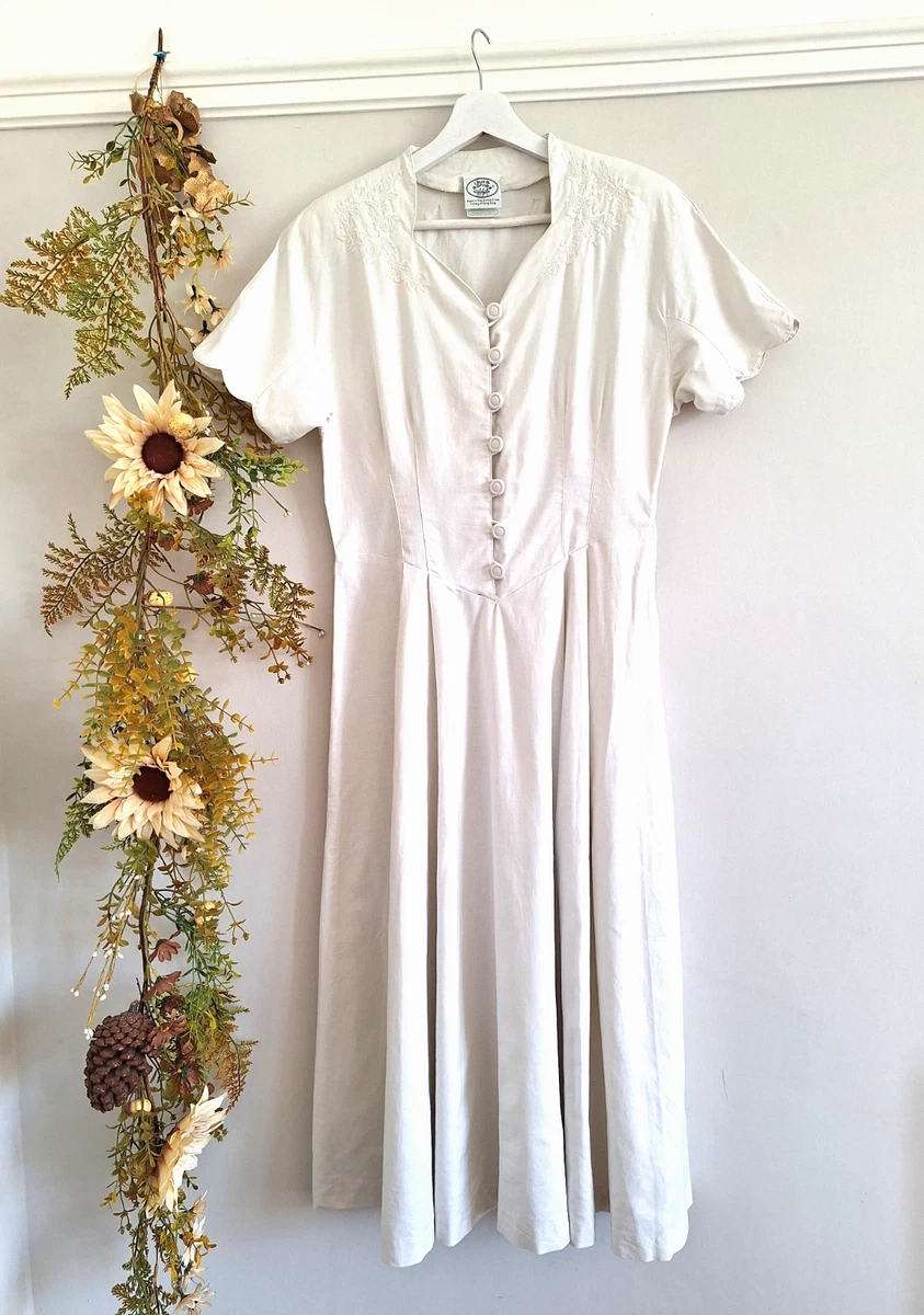 White Linen Blend Laura Ashley Linen Dress Cotton Summer Dress Loose-fit  With Sleeves Plus Size