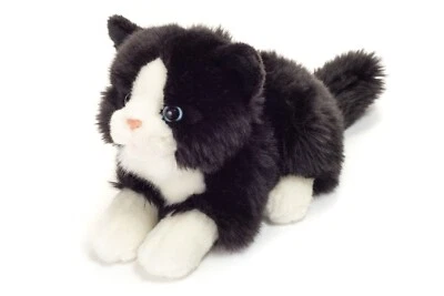 Teddy Hermann Katze liegend schwarz weiß 20 cm 90689 Kuscheltier Plüschtier