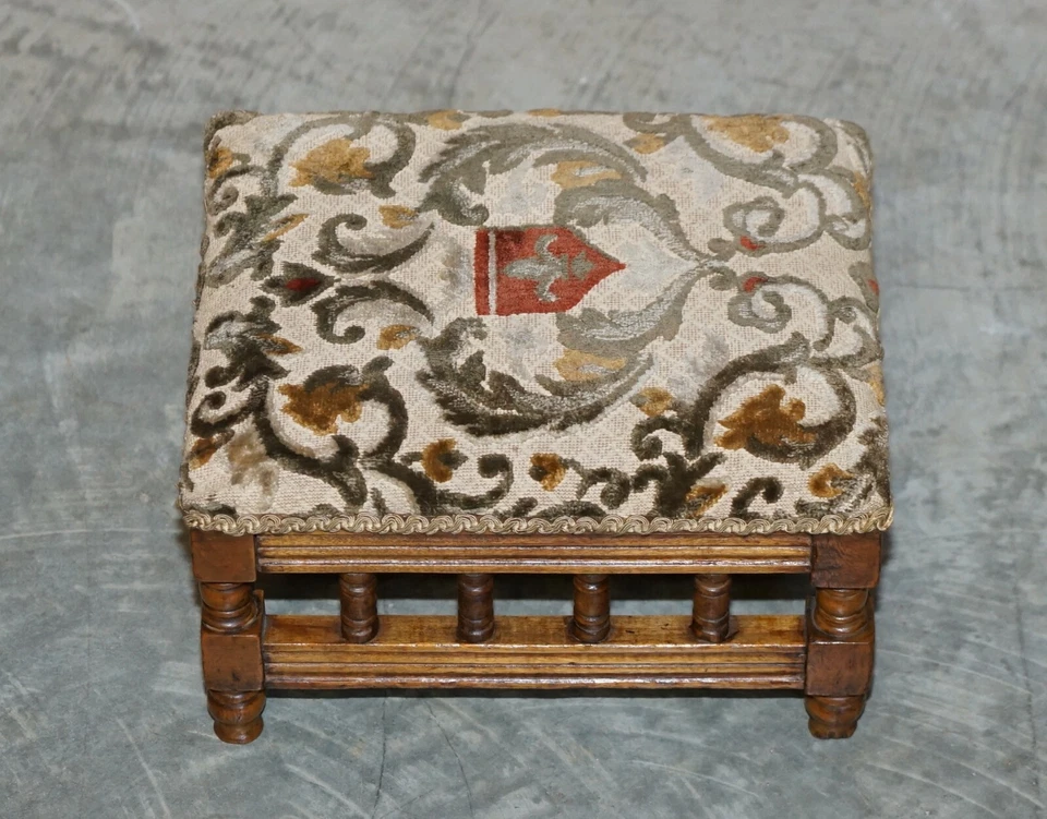 SMALL VICTORIAN WINGABCK ARMCHAIR WALNUT EMBROIDERED FOOTSTOOL MAPLE & CO STYLE - Image 2 of 4