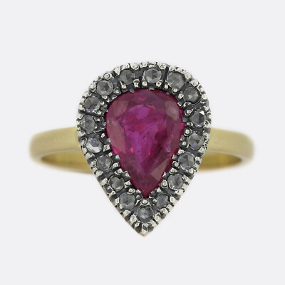 Gold Diamant Ring - Birnenform Rubin und Diamant Cluster Ring 18kt Gelbgold