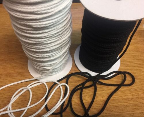 Cotton Drawcord 1/8" Round Braided Drawstring Cord- Black or White 5 yards - Picture 1 of 3