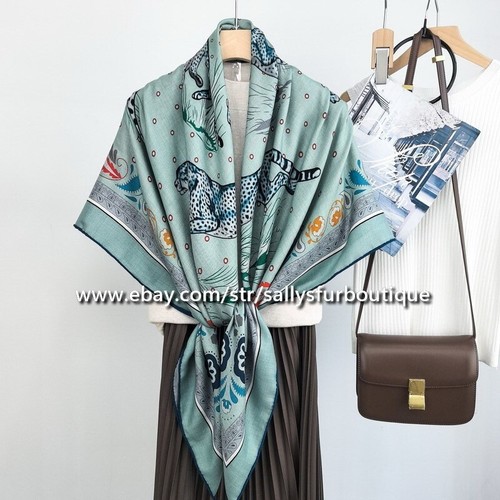 Sallys 70% Cashmere 30% Silk Wrap Scarf Leopard Print Double Face Shawl 53" Blue