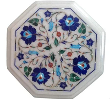 12" Inlay Work Semi Precious Stones Lapis Floral Work White Marble Table Top 