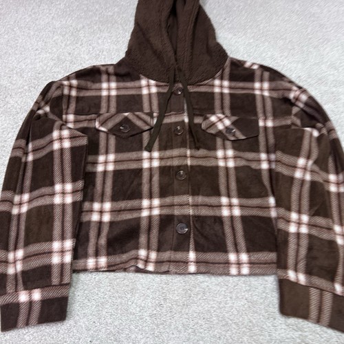 Hippie Rose Jacket Brown Plaid Long Sleeve Button Up Hooded Women’s Large NWT - Picture 7 of 12