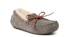 Fireside By Dearfoams Women's Grey Genuine Shearling Moccasin Slipper Size 6